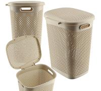 KADAX Panier à linge en plastique léger - Panier à linge en plastique - Perméable à l'air - Avec couvercle - Beige