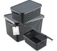 KADAX Panier de rangement, panier avec couvercle, boîte de rangement, boîte de rangement en plastique, panier d'étagère moderne, conteneur avec trous d'aération (lot de 3 : 4,5 l, 12 l, 18 l, gris)