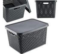 KADAX Panier de rangement, panier avec couvercle, boîte de rangement, boîte de rangement en plastique, panier d'étagère moderne, récipient avec trous d'aération (18 l, gris)