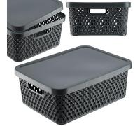 KADAX Panier de rangement, panier avec couvercle, boîte de rangement, boîte de rangement en plastique, panier d'étagère moderne, récipient avec trous d'aération (12 l, gris)