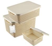 KADAX Panier de rangement, panier avec couvercle, boîte de rangement, boîte de rangement, en plastique, panier d'étagère moderne, récipient avec trous d'aération (lot de 3 : 4,5 l, 12 l, 18 l, beige)