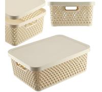 KADAX Panier de rangement, panier avec couvercle, boîte de rangement, en plastique, panier d'étagère moderne, récipient avec trous d'aération (12 l, beige)
