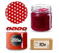 KADAX Petits pots de conserve 200 ml bocaux à confiture fi66 mm mini verres pour miel et épices bocaux en verre hermétiques bocaux en verre ronds (10 pièces à pois rouges)