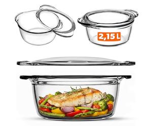 KADAX Plat à Gratin en Verre Résistant à la Chaleur avec Couvercle et Poignées, Cocotte Transparente Idéale pour la Cuisson au Four (Rond, 2.15L)