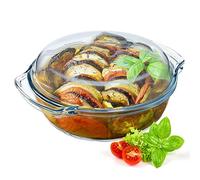 KADAX Plat à gratin en verre résistant à la chaleur avec couvercle, récipient ignifuge pour lasagnes, ragoût de légumes, cocotte en verre pour rôtir au four (rond - 2,4 l)