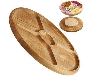 KADAX plateau de service tournant en bois naturel, diamètre : 33,5 cm, compartiments pour chips et sauces