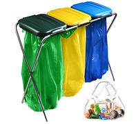 KADAX Porte-sacs poubelles triple, support pour sacs poubelles, support pour tri des déchets avec couvercle en plastique, support pour sacs poubelles pour sacs de 120 L (Vert-Jaune-Bleu)