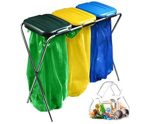 KADAX Porte-sacs poubelles triple, support pour sacs poubelles, support pour tri des déchets avec couvercle en plastique, support pour sacs poubelles pour sacs de 120 L (Vert-Jaune-Bleu)