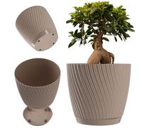 KADAX, pot de fleurs avec soucoupe, pot pour plantes en forme ondulée tridimensionnelle, pot de fleurs en plastique, pot décoratif pour fleurs, cactus et herbes (19 cm, marron)