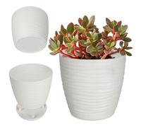 KADAX Pot de Fleurs en Plastique avec Soucoupe, Cache-Pot Moderne Ornée d'un Élégant Motif Ondulé (Ronde, Blanc, 15 cm)