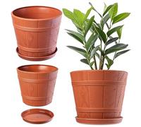 KADAX Pot de Fleurs en Plastique avec Soucoupe pour Intérieur et Extérieur, Catche-Pot Imitant l'aspect du Bois, Conçu en Forme de Tonneau (Terre Cuite, 26 cm)