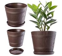 KADAX Pot de Fleurs en Plastique avec Soucoupe pour Intérieur et Extérieur, Catche-Pot Imitant l'aspect du Bois, Conçu en Forme de Tonneau (Marron, 34 cm)
