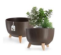 KADAX Pot de Fleurs en Plastique avec Trois Supports à piquer, jardinière Ronde, bac à Plantes, pour Balcon, Salon (33 cm Ø/Marron)