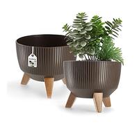 KADAX Pot de Fleurs en Plastique avec Trois Supports à piquer, jardinière Ronde, bac à Plantes, pour Balcon, Salon (24 cm Ø/Marron)