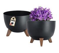 KADAX Pot de Fleurs en Plastique sur Trois Pieds, Effet Bois pour Sublimer la Décoration de Votre Maison, Intérieur et Extérieur (Lot de 2: Noir, 29 cm)