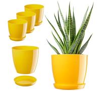 KADAX Pot de fleurs, ensemble de pots de fleurs avec soucoupe, pot de fleurs en plastique, pot de fleurs rond pour intérieur, pot de fleurs d'intérieur, pot à herbes (lot 3 : 20 cm, jaune)