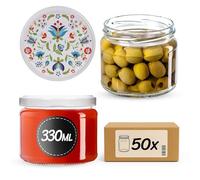 KADAX Pots à confiture 330ml avec couvercle à visser de 82 mm, bocaux en verre pour confiture, miel & gelée, bocaux de conservation en verre, pots avec couvercle (Fleurs, 50 pièces)