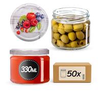 KADAX Pots à confiture 330ml avec couvercle à visser de 82 mm, bocaux en verre pour confiture, miel & gelée, bocaux de conservation en verre, pots avec couvercle (framboises, 50 pièces)