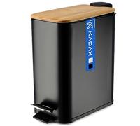 KADAX Poubelle de Salle de Bain en Acier avec Couvercle en Bambou, Pédale et Seau Interne Amovible, Petite Poubelle Pratique et Hygiénique (5L, Noir)
