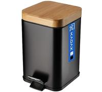 KADAX Poubelle de Salle de Bain en Acier avec Couvercle en Bambou, Pédale et Seau Interne Amovible, Petite Poubelle Pratique et Hygiénique (3L, Noir)