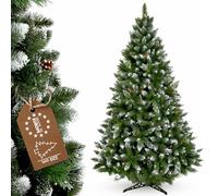 KADAX Sapin de Noël artificiel avec givre et cônes 220 cm, sapin vert avec 521 branches, env. 120 cm, pin en PVC avec support en plastique (renne 220 cm)