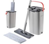 KADAX Serpillère plate avec séparation de l'eau, serpillère à double compartiment, serpillère à double chambre, kit de nettoyage pour le sol, kit de nettoyage pour sol plat, avec seau de nettoyage,
