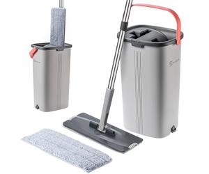 KADAX Serpillère plate avec séparation de l'eau, serpillère à double compartiment, serpillère à double chambre, kit de nettoyage pour le sol, kit de nettoyage pour sol plat, avec seau de nettoyage,