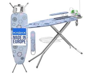 KADAX Table à Repasser avec Jeannette - Bleu 120x30 cm - Repassage Vapeur avec Support de câble et rallonge intégrée - Anti-Pliage accidentel Pieds antidérapants et étagère vêtement