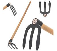 KADAX Talon de pommes de terre à 3 dents avec long manche en bois, talon de jardin en acier forgé, talon de fumier pour jardinage, hachoir pour jardin (avec tige)