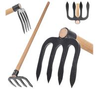 KADAX Talon de pommes de terre à 4 dents avec long manche en bois, talon de jardin en acier forgé, talon de fumier pour jardinage, hachoir pour jardin (avec tige)