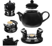 KADAX Théière 1L avec réchaud Set, Cafetière en céramique avec couvercle, poignée et réchaud à thé, théière avec chauffe-plat pour le thé, service à thé , Noir