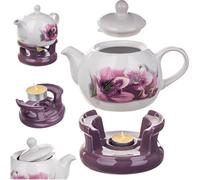 KADAX Théière 1L avec réchaud Set, Cafetière en céramique avec couvercle, poignée et réchaud à thé, théière avec chauffe-plat pour le thé, service à thé, blanc/violet