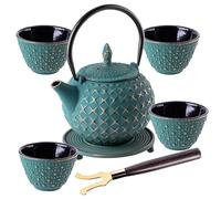 KADAX Théière japonaise 0,7 l avec 4 tasses à thé en vrac, service à thé japonais en fonte, avec passoire, couvercle, poignée et soucoupe (vert)