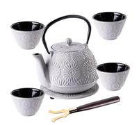 KADAX Théière japonaise 1,1 l, avec 4 tasses à thé en vrac, service à thé japonais, en fonte, avec passoire, couvercle, poignée et soucoupe (gris)