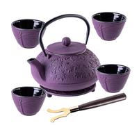 KADAX Théière japonaise 1 l avec 4 tasses à thé en vrac, service à thé japonais, en fonte, avec passoire, couvercle, poignée et soucoupe (violet)