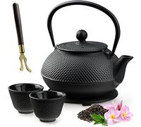KADAX Théière Japonaise en Fonte de 850 ml avec Intérieur Émaillé, Bouilloire avec Deux Tasses et Infuseur pour Thé en Vrac, Service à Thé Complet (Noir)