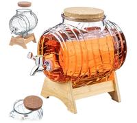 KADAX Tonneau 3L avec robinet, distributeur de boissons en forme de tonneau en verre, tonneau avec robinet, distributeur transparent avec support en bois, distributeur d'alcool idéal pour le whisky