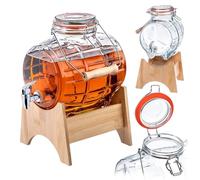 KADAX Tonneau de 5 l avec robinet, distributeur de boisson en forme de tonneau en verre, tonneau avec robinet, distributeur transparent avec base en bois, distributeur d'alcool, idéal pour whisky
