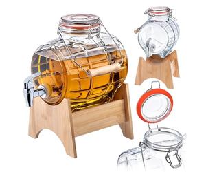 KADAX Tonneau en Verre doté d'un Robinet et Soutenu par un Support en Bois, Idéal pour la Conservation et la Distribution Élégante de Boissons (3L)