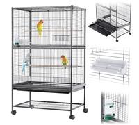 KADAX Volière à oiseaux 79 x 52 x 133 cm - Cage à oiseaux sur roulettes avec perchoirs, mangeoires et distributeur d'eau - Cage en métal pour perruches, perroquets