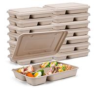 Kaderron Lot de 25 boîtes alimentaires compostables avec couvercles - 27,9 x 22,1 cm - 4 compartiments - Biodégradables - Anti-fuite - Passe au micro-ondes - Pour la restauration alimentaire