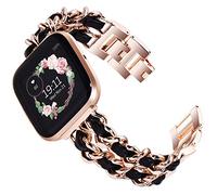 KADES Bracelet Compatible Pour Fitbit Versa 2 - Bracelet de Rechange en Acier Inoxydable Pour Femme, Compatible Avec Versa Lite Edition (Or Rose Avec Cuir Noir)