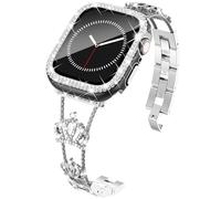 KADES Crown Bling Bracelet en métal pour femme compatible avec Apple Watch 41 mm - Bracelet en acier inoxydable avec coque brillante et protecteur d'écran pour séries 9/8/7 - Noir/argenté