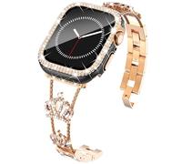 KADES Crown Bling Bracelet en métal pour femme compatible avec Apple Watch 41 mm en acier inoxydable avec coque brillante et protecteur d'écran pour séries 9/8/7, noir/or rose