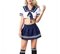 Kadila Store Costume d'écolière Sexy Femmes Jeu de rôle Déguisement Lingerie Mini Jupe plissée, Haut Blanc et Cravate en Uniforme avec des Bas (Bleu, XL)