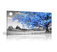 KADING Bleu Lush Feuilles Arbre Toile Affiches et Impressions Moderne Noir Et Blanc Art Paysage Arbres Peinture Murale Décor À La Maison 102x50cm (40x20in) Avec Cadre