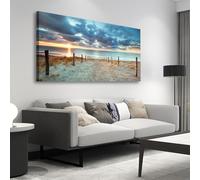 KADING Grande toile murale représentant un coucher de soleil sur la côte, un paysage marin avec un chemin de sable et une clôture, idéale pour le salon (60 x 123 cm / 24 x 48 pouces)