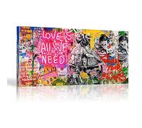 KADING L'AMOUR EST TOUT NOUS AVONS BESOIN- Banksy Graffiti Art Peintures Impression sur Toile Art Affiches et Gravures Street Art Mur Photo Décoration de La Maison 70x130cm Avec cadre