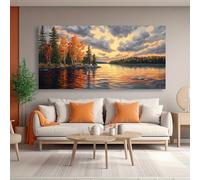 KADING Tableau abstrait au coucher du soleil sur un lac d'automne, encadré sur toile, style moderne vintage, paysage horizontal pour salon, chambre ou bureau (20 x 45 cm / 8 x 18 pouces)
