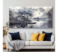 KADING Tableau abstrait encadré représentant un chalet au bord du lac, décoration murale moderne pour salon ou chambre (75 x 150 cm / 30 x 59 pouces)